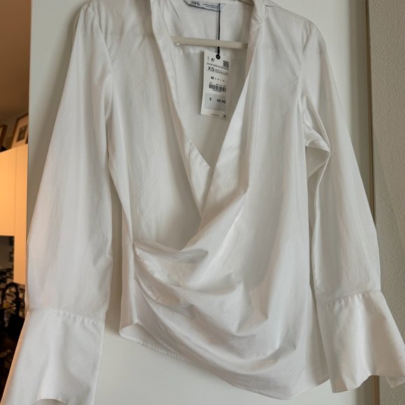 Zara White Cotton Faux Wrap Blouse Size XS NWT - Picture 3 of 8